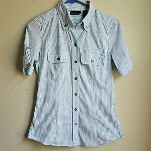 New York & Company Women's Teal and white Striped Button-Down Shirt, XS